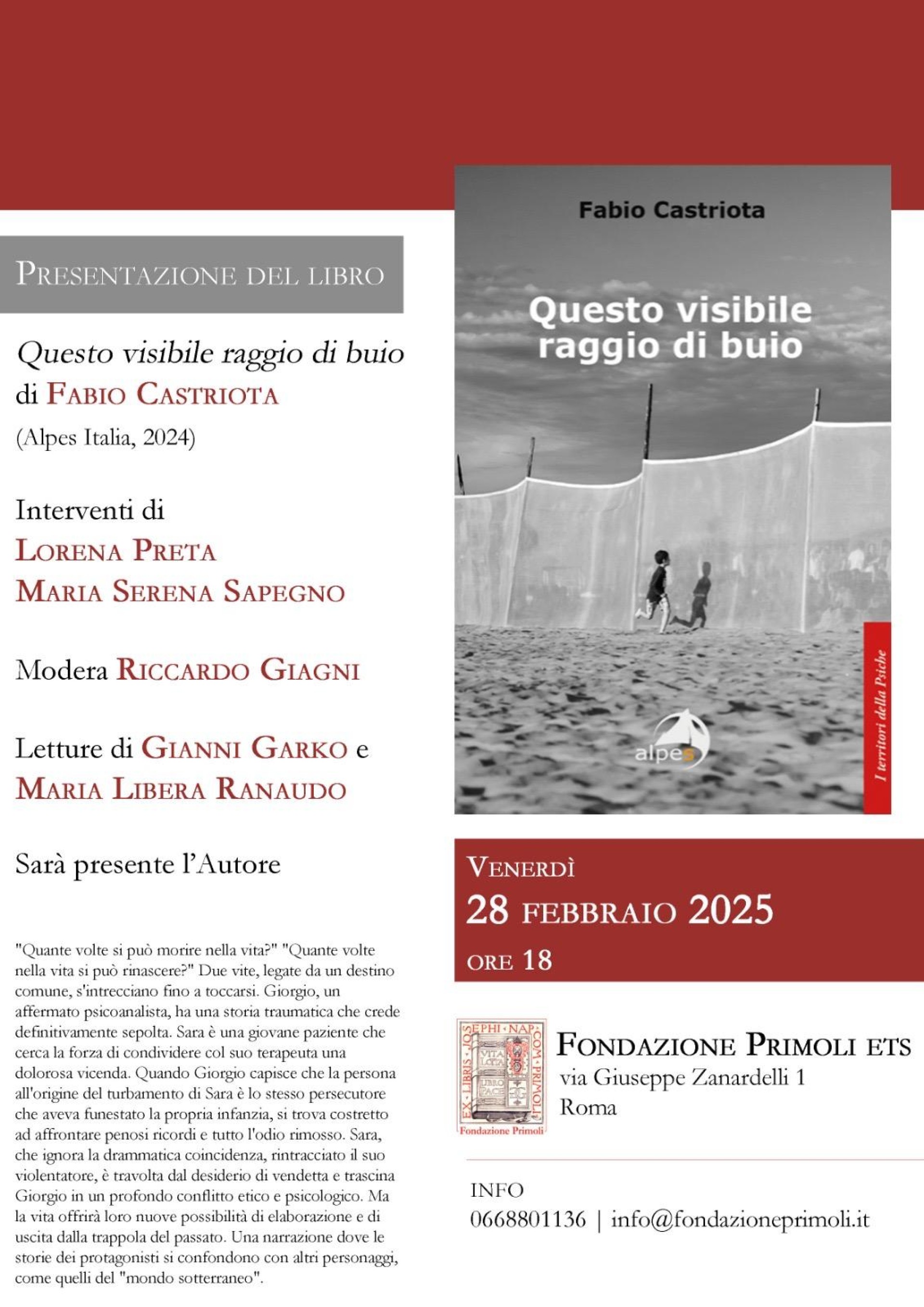 28 febbraio ore 18 - "Un visibile raggio di buio" presentazione del libro di Fabio Castriota alla Fondazione Primoli